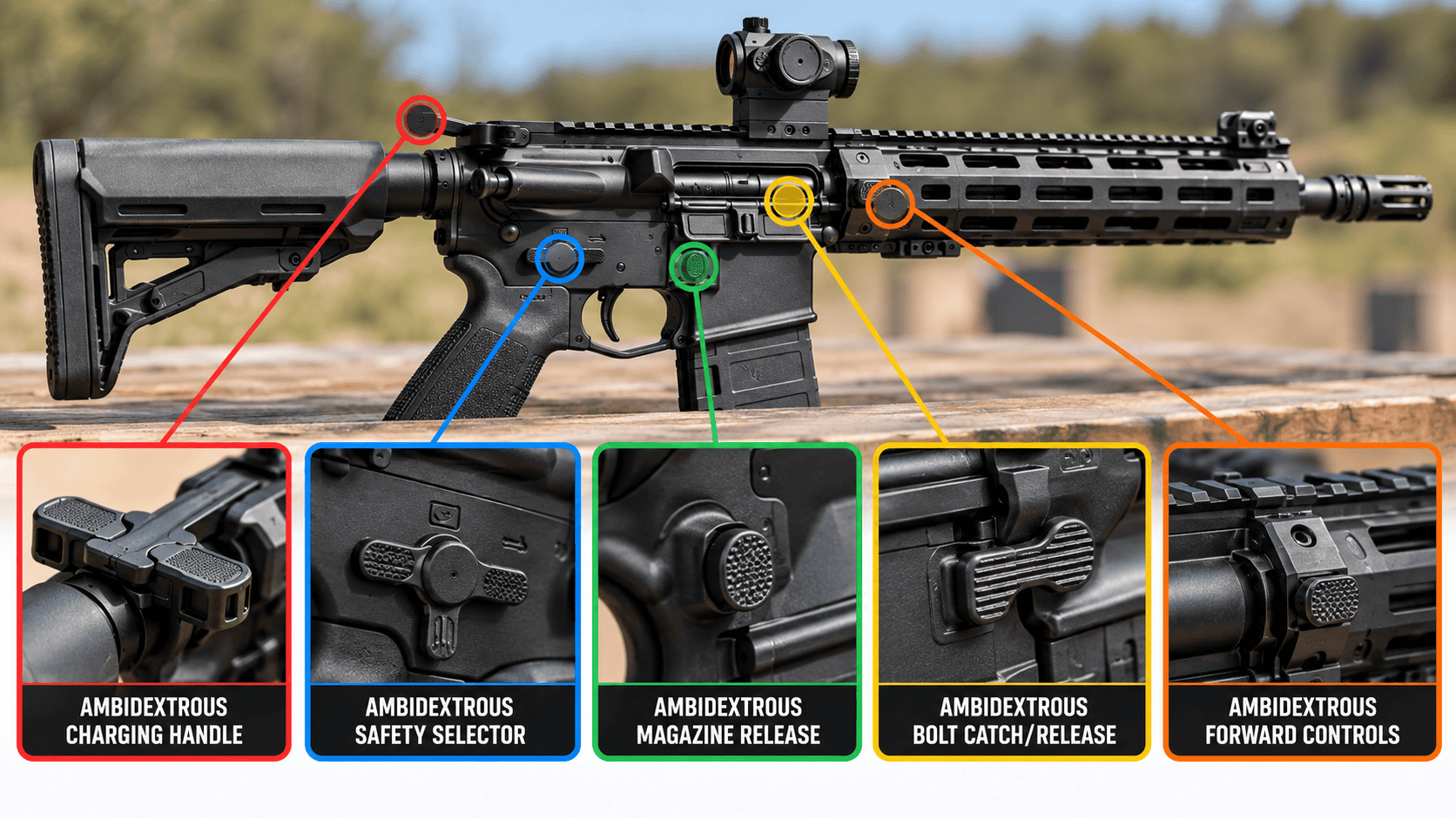 Infographic identifying ambidextrous AR-15 charging handle, safety selector, magazine release, bolt catch and receiver controls